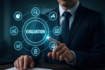 Professional in formal attire interacts with an illuminated digital graphic, touching a touchscreen representing the concept of evaluation, data analysis, and performance assessment for financial