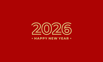 Elegant Happy New Year 2026 typography in gold on a festive red background. Minimalist design for greeting cards, banners, invitations, and holiday web graphics. Perfect for modern celebrations