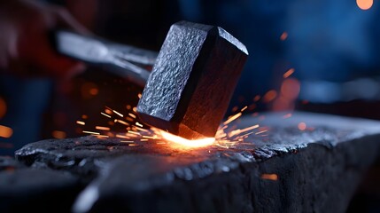 Close-up view of a blacksmith forcefully striking a piece of red-hot metal with a hammer on an anvil, creating intense sparks in an industrial workshop setting.