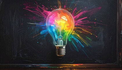 Illuminated light bulb with rainbow splashes radiating outward on dark background—evoking creativity, brilliance, and the explosive choreography of imagination, innovation, and vibrant thought.