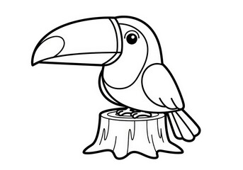 Obraz premium Hand-drawn Toucan Sitting on Tree Stump for Children's Coloring Activity or Illustration