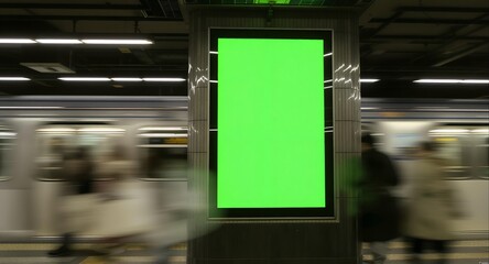 Green Advertisement Billboard at Subway Station with Moving Train