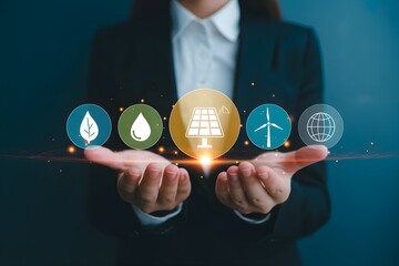 Businesswoman presenting renewable energy icons concept for sustainability and environmental protection isolated on blue background