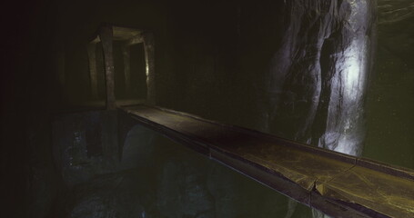 An eerie underground pathway stretches into darkness, bordered by glistening rocky walls. Faint light casts shadows, creating an atmosphere of intrigue. The structure appears ancient and isolated.