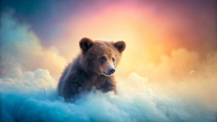 A Young Brown Bear Cub Amidst a Dreamlike Celestial Landscape of Soft, Pastel Clouds at Sunset