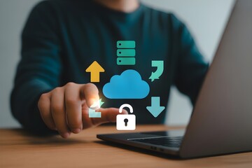 Man interacting with cloud computing icons on a laptop screen illustrating data transfer and cybersecurity for business and technology concepts