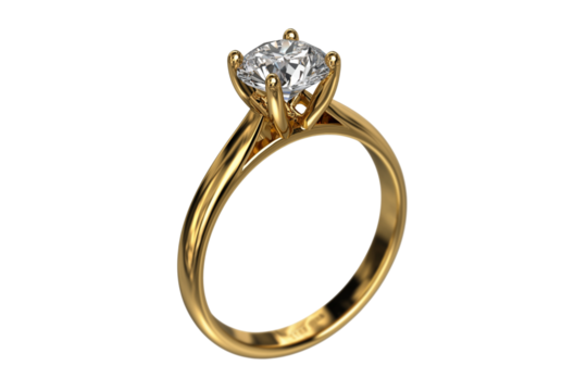 A stunning yellow gold ring with a large, faceted diamond set in a classic prong setting, isolated on a clean transparent background, representing a promise of marriage