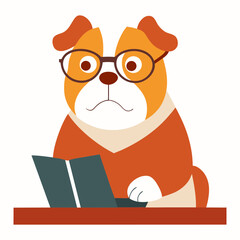 Vector art illustration of a bulldog sitting at a table and reading a book