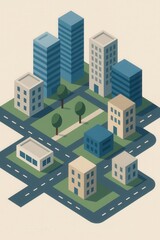 Isometric urban scene with diverse buildings and roads 