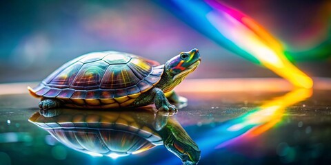 A small turtle with iridescent shell, reflected in a vibrant spectrum of light