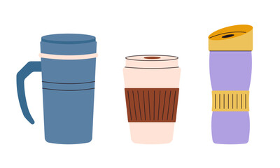 Thermos mugs. Reusable cups, thermo mug and tumblers with cover. Camping and travel gear. Vector illustration