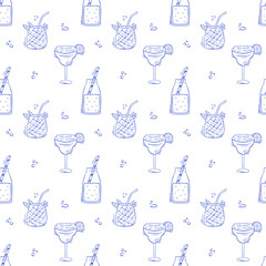 Summer cocktails in doodle style. Hand drawn drinks and cocktails. Seamless pattern for textile, home decor. Vector 