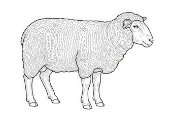 Detailed Line Art Illustration of a Sheep with Curly Wool and Defined Features