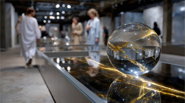 A striking glass sphere brimming with golden reflections is displayed in a captivating gallery, where visitors engage with the art and its enchanting visual language.