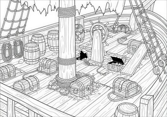 Detailed Illustration of a Pirate Ship Deck with Treasure Chests and Nautical Elements