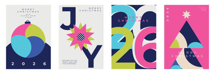 Minimalist geometric Christmas and New Year greeting cards set. Modern abstract design with tree, ornament, numbers, colorful shapes. Perfect for holiday invitations, posters, prints.