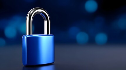 A sleek, blue padlock against a blurred, dark background, representing digital security, access control, and the safeguarding of private information.