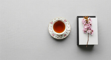 Serene Tabletop Scene with Floral Teacup Stack of Books and Cherry Blossom Branch
