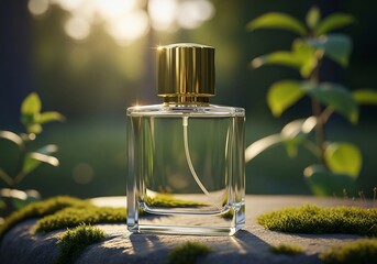 Elegant glass perfume bottle with golden cap, bathed in soft sunlight, set on mossy stone, with lush green foliage in the background, evoking a natural and luxurious essence