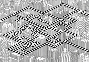 Abstract Black and White City Map Design Featuring Maze-Like Pathways and Urban Structures