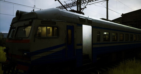 Fototapeta premium A vintage train sits at a deserted railway station, surrounded by overgrown grass. The dim light from the windows suggests activity inside, while shadows loom in the fading light.