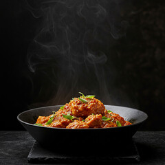 갓 만들어진 고수 토핑된 김치볶음밥