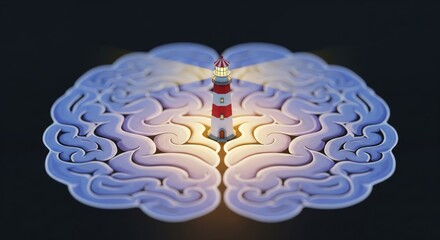 Conceptual representation of how a lighthouse guides thoughts in a brain-shaped design