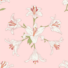 Vintage seamless pattern with hand drawn white lily flowers on pastel pink background