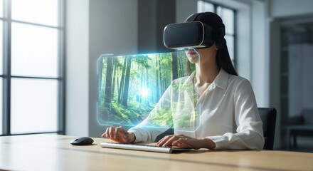 Woman uses virtual reality headset in a modern office setting to explore a digital forest environment during the day
