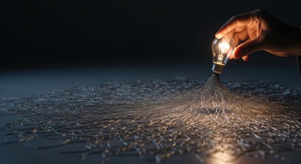 Bright light emanates from a hand holding a light bulb surrounded by tangled wires in a dark setting