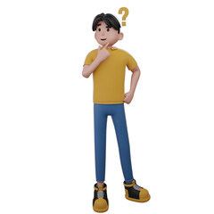 Pensive Character Illustration in Yellow Shirt with Question Mark on Transparent Background