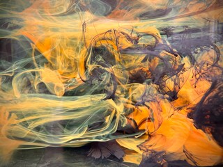 An abstract artwork of swirling colors, with ethereal wisps of smoke, Yellow orange background with texture and distressed vintage grunge and watercolor