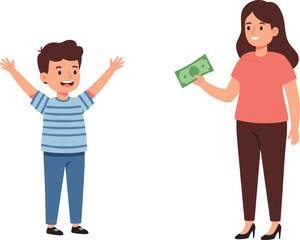 Happy child receiving money reward from smiling woman, illustration of giving cash, financial education, family support, allowance, teaching kids saving