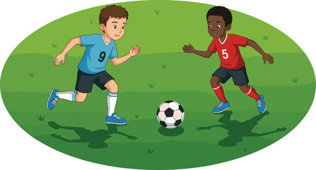 Two young boys playing soccer on grassy field, football game activity, children sports competition, outdoor teamwork, fun exercise, youth physical education