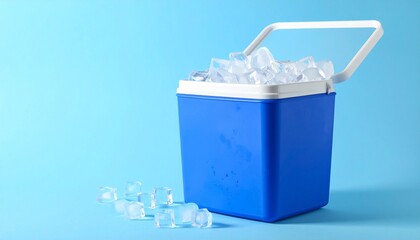 Blue cooler with white lid open, filled with ice cubes and scattered ice on light blue background—evoking chill, utility, and the crisp choreography of freshness, travel, and simplicity.
