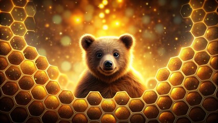 A young bear cub peering curiously from a golden honeycomb, bathed in warm, enchanting light, a whimsical scene of nature's sweetness