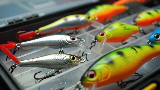 Colorful selection of fishing lures with sharp hooks neatly arranged inside a tackle box. Angling gear and equipment for sportfishing