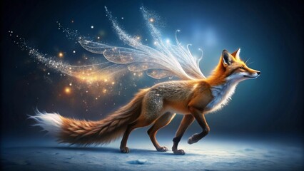 A Magical Red Fox with Iridescent Wings Soaring Through a Sparkling Night
