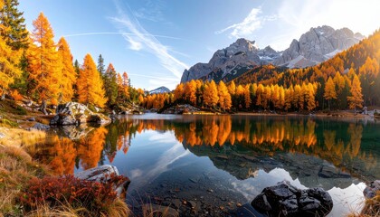Fototapeta premium Autumnal Landscape with Golden Larch Trees Reflecting in Serene Lake under Clear Blue Sky and Distant Mountain Range in Daylight