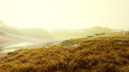 A peaceful scene featuring a grassy meadow with a majestic mountain backdrop in the hills of Argentina. © icetray