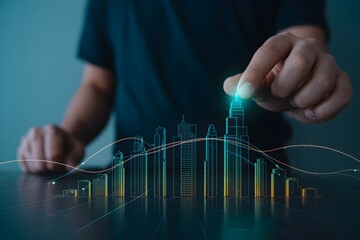 Hand arranging holographic city model futuristic urban planning concept sustainable development and smart city technology