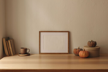 Horizontal wooden poster, picture frame mockup. Scandinavian living room interior, home office. Pumpkins, box, cup of coffee on table, desk. Autumn Thanksgiving home decor. Beige wall background.