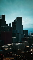 Obraz premium A birds-eye view of a cityscape from the top of a skyscraper showcasing streets, buildings, and traffic below.