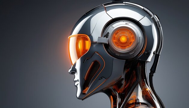 futuristic robot head with glowing orange visor close up profile view against a neutral background
