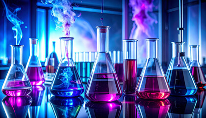 Atmospheric Biotech Lab: Glowing Cyan and Magenta Fluid in Black Obsidian Glassware