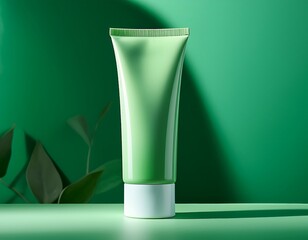 a green tube of lotion sits on a light green background the tube has a white cap