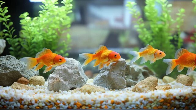 Goldfish swim smoothly among plants and rocks in a clear aquarium filled with gravel