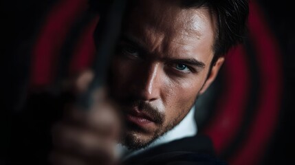 Obraz premium A determined man in a suit aims a gun with a blurred target pattern in the background