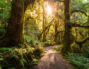 golden sunlight streams through a lush vibrant rainforest illuminating a path winding through ancient trees draped in vibrant flora and moss
