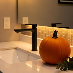 Modern Bathroom Sink with Pumpkin Decor.